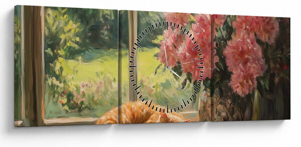 Obraz - Kot na oknie (z zegarem) (90x30 cm)