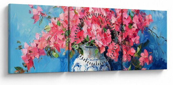 Obraz - Wazon z różowymi kwiatami (z zegarem) (90x30 cm)