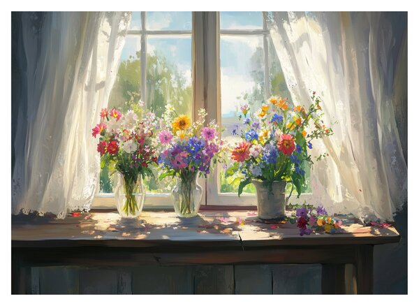 Obraz na szkle - Bukiet przy oknie (70x50 cm)