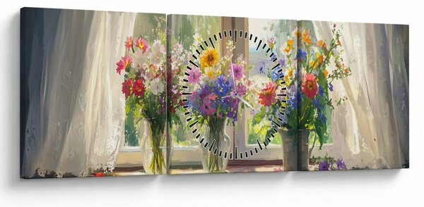 Obraz - Bukiet przy oknie (z zegarem) (90x30 cm)