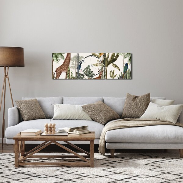 Obraz - Dżungla pełna zwierząt (z zegarem) (90x30 cm)