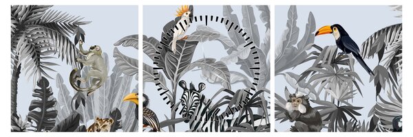 Obraz - Ilustrowana dżungla (z zegarem) (90x30 cm)