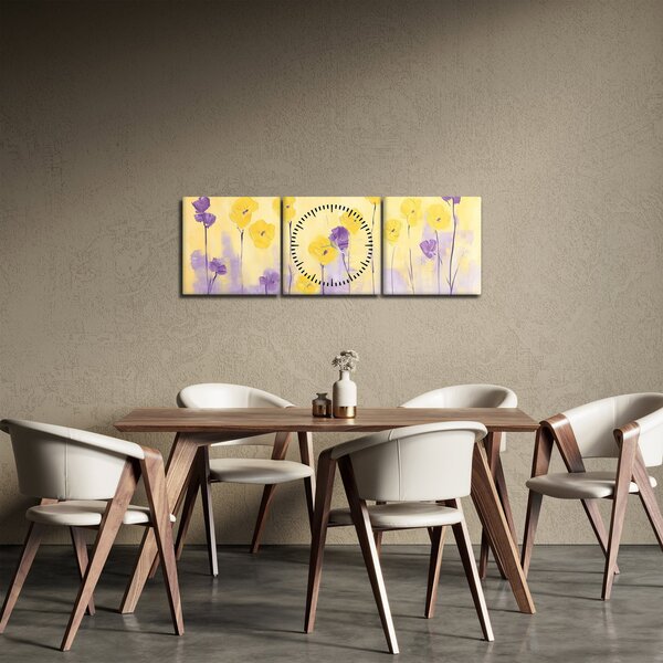 Obraz - Fioletowe i żółte kwiatuszki (z zegarem) (90x30 cm)