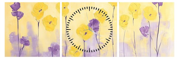 Obraz - Fioletowe i żółte kwiatuszki (z zegarem) (90x30 cm)