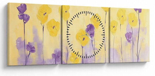 Obraz - Fioletowe i żółte kwiatuszki (z zegarem) (90x30 cm)