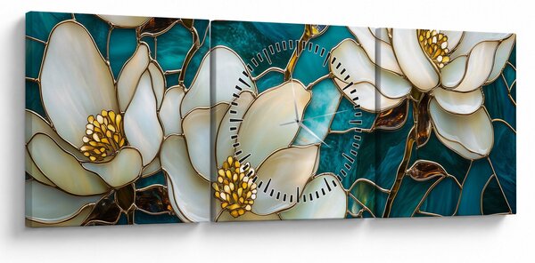 Obraz - Witraż z magnolią (z zegarem) (90x30 cm)