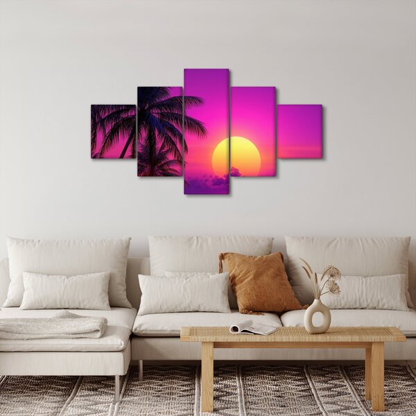 Obraz - Fioletowy zachód słońca z palmą (125x70 cm)