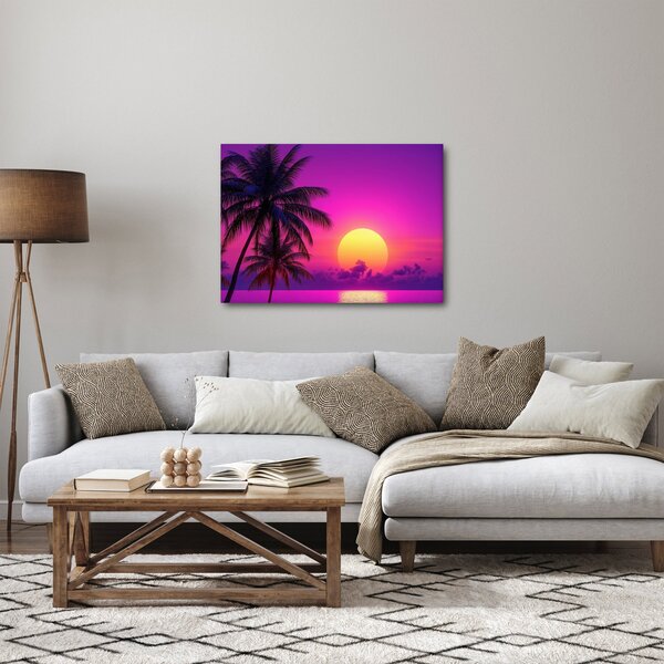 Obraz - Fioletowy zachód słońca z palmą (70x50 cm)