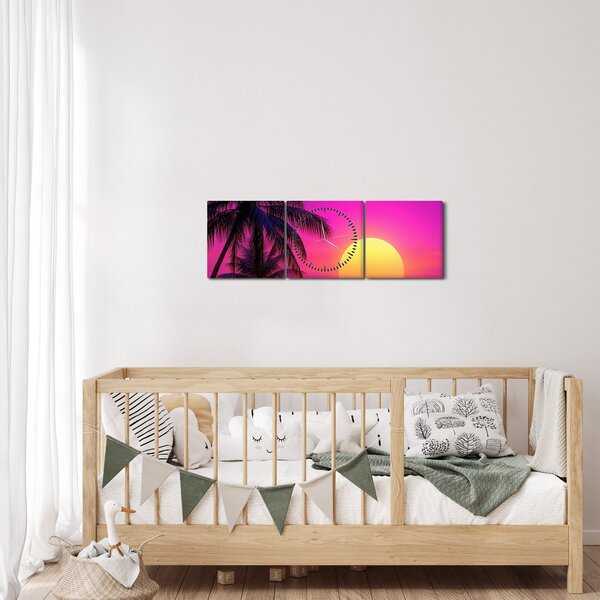 Obraz - Fioletowy zachód słońca z palmą (z zegarem) (90x30 cm)