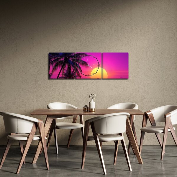 Obraz - Fioletowy zachód słońca z palmą (z zegarem) (90x30 cm)