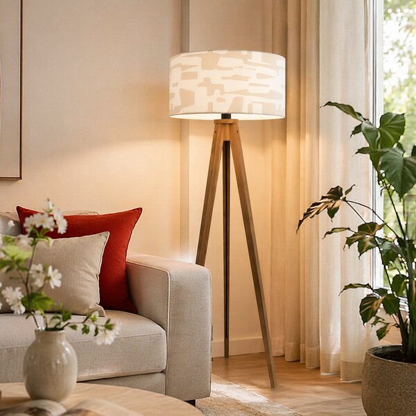 Drewniana lampa podłogowa z beżowo-białym abażurem w paski 50 cm - Tripod Classic