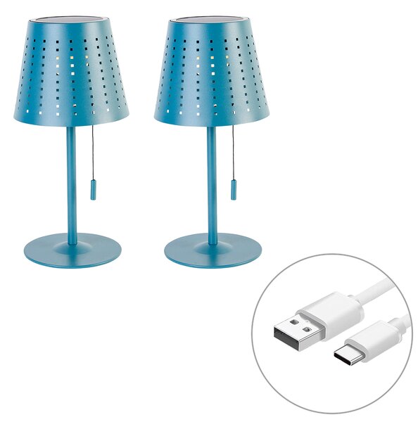 Zestaw 2 lamp stołowych niebieskich, w tym LED 3-stopniowy ściemniacz ładowany i solarny - Ferre