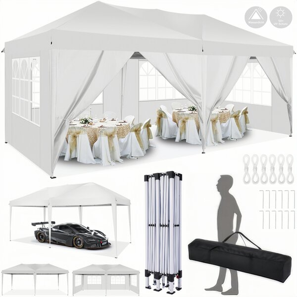 Pawilon 3x6m, namiot ogrodowy składany, wodoodporny, ochrona UV, z 4 panelami bocznymi i 2 wejściami, 12 kołków i 4 liny oraz 1 torba do przenoszenia, na taras ogrodowy, szara