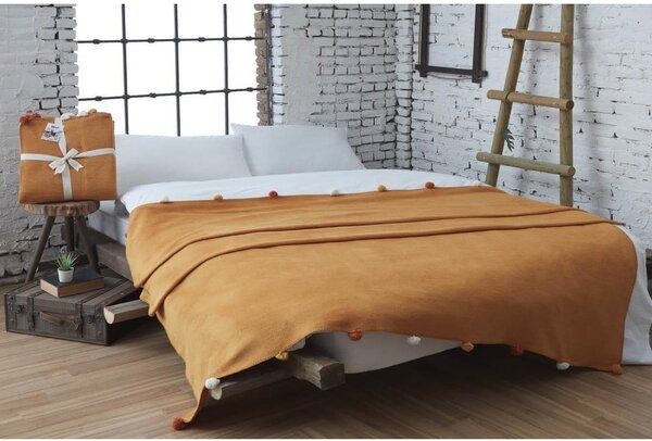Musztardowa polarowa narzuta 150x200 cm Pom Pom – Mijolnir