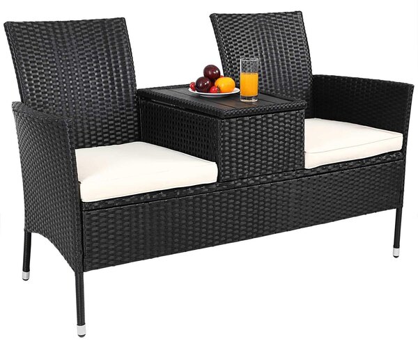 Ławka ogrodowa dwuosobowa - Polirattan - 143 x 64 x 88 cm - Czarna - Z miejscem na przechowywanie i stolikiem