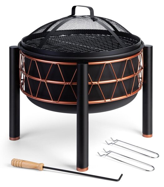 Palenisko barbecue miska ogniowa - 54 cm - Czarny z miedzianymi detalami - Ruszt do grillowania - Na taras i do ogrodu