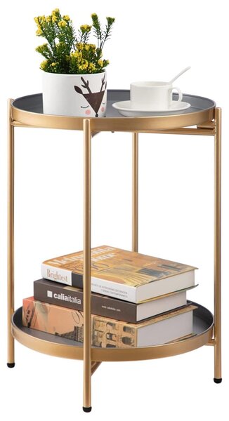 Stolik kawowy okrągły - Metal - Złoty, 2 poziomy - 37 x 50 cm - Do salonu i na balkon