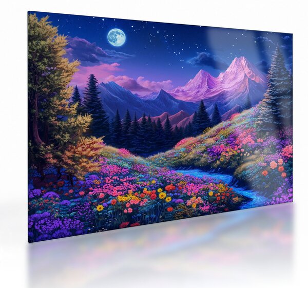 Obraz na szkle - Fioletowy krajobraz przy pełni księżyca (70x50 cm)