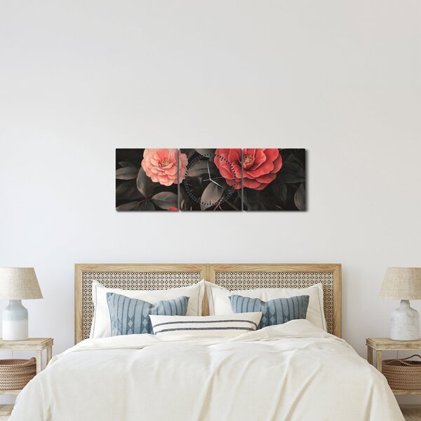 Obraz - Czerwone kwiaty na ciemnym tle (z zegarem) (90x30 cm)