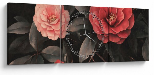 Obraz - Czerwone kwiaty na ciemnym tle (z zegarem) (90x30 cm)