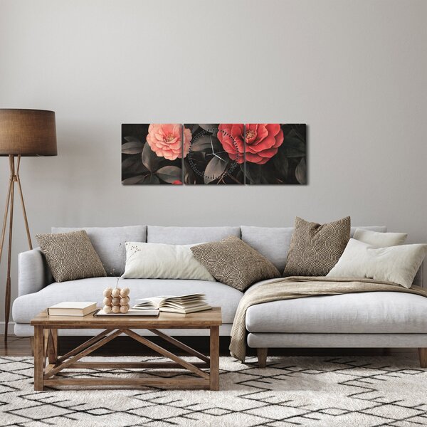 Obraz - Czerwone kwiaty na ciemnym tle (z zegarem) (90x30 cm)