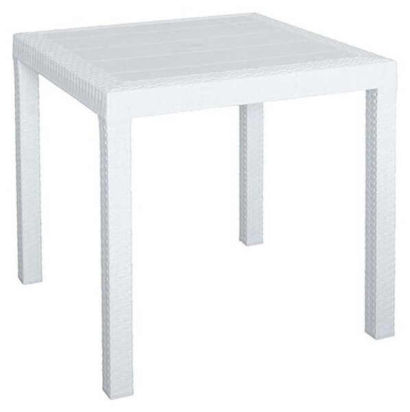 Kwadratowy stó ogrodowy 80 x 80 cm z tworzywa sztucznego imitujcego wiklin, z regulowanymi nogami i otworem na parasol w rodku – Nasa – biay