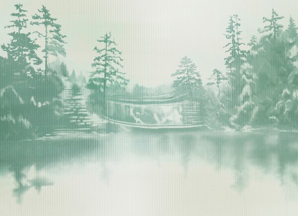 Fototapeta Zaspany krajobraz z drzewami i zbiornikiem wodnym, Fototapety Natura, Popularne Fototapety, t01117 - Tapeko.pl