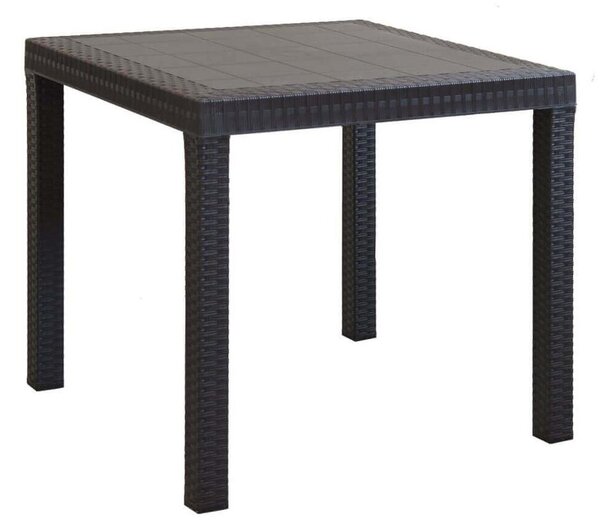 Kwadratowy stó ogrodowy 80 x 80 cm z tworzywa sztucznego imitujcego wiklin, z regulowanymi nogami i otworem na parasol – Nasa – bordowy