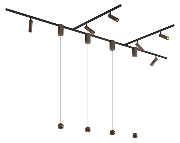 Nowoczesny system oświetlenia szynowego z 6 reflektorami i 4 lampami wiszącymi Easylift ciemny brąz 1-fazowy - Slimline Uzzy Tira