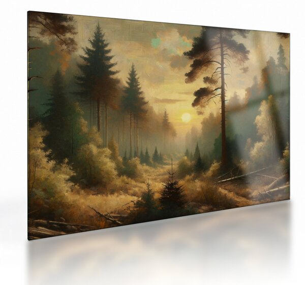 Obraz na szkle - Słońce świecące przez las (70x50 cm)