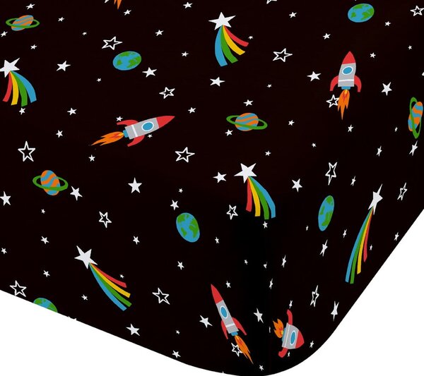 Czarne prześcieradło dziecięce jednoosobowe z gumką 90x190 cm Rainbow Rockets – Catherine Lansfield