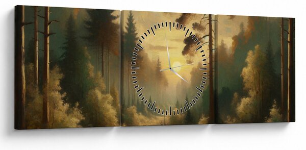 Obraz - Słońce świecące przez las (z zegarem) (90x30 cm)