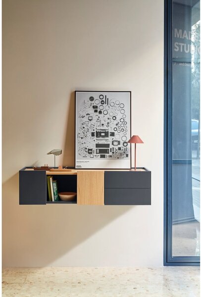 Antracytowo-naturalna niska komoda w dekorze dębu 110x23 cm Otto – Teulat
