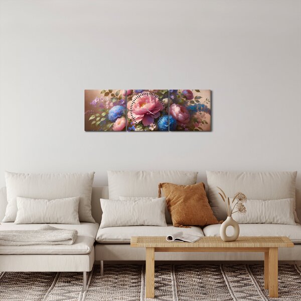 Obraz - Stół pełen kwiatów (z zegarem) (90x30 cm)