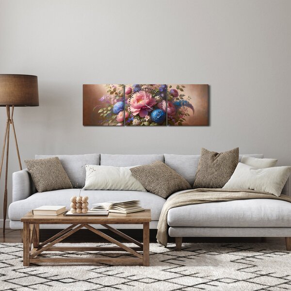 Obraz - Stół pełen kwiatów (z zegarem) (90x30 cm)