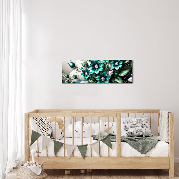 Obraz - 3D turkusowe kwiaty (z zegarem) (90x30 cm)