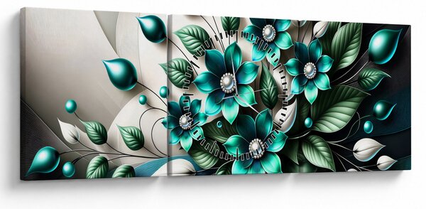 Obraz - 3D turkusowe kwiaty (z zegarem) (90x30 cm)
