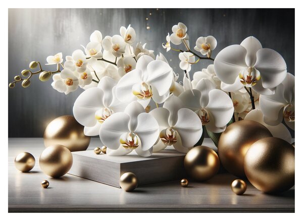 Obraz na szkle - Orchidea i złote kule (70x50 cm)