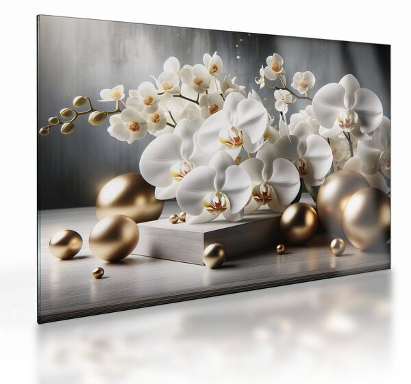 Obraz na szkle - Orchidea i złote kule (70x50 cm)