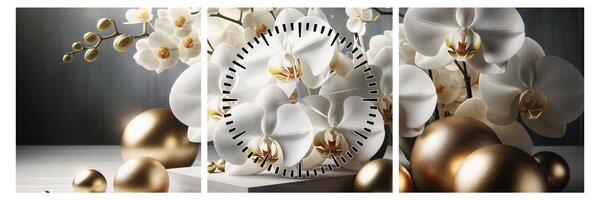 Obraz - Orchidea i złote kule (z zegarem) (90x30 cm)