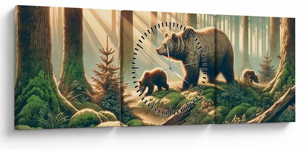Obraz - Niedźwiedzie w lesie (z zegarem) (90x30 cm)