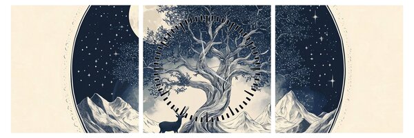 Obraz – Magiczne drzewo z jeleniem I. (z zegarem) (90x30 cm)