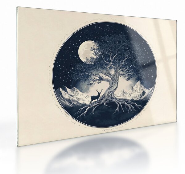 Obraz na szkle – Magiczne drzewo z jeleniem I. (70x50 cm)