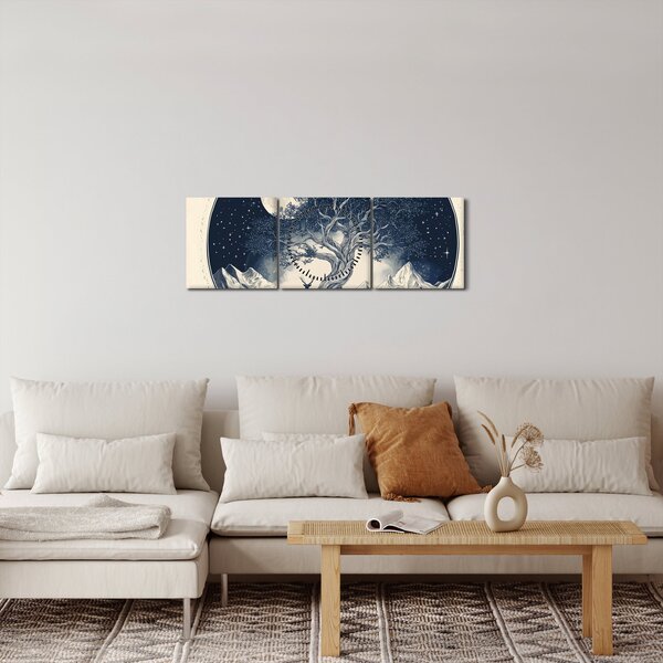 Obraz – Magiczne drzewo z jeleniem I. (z zegarem) (90x30 cm)