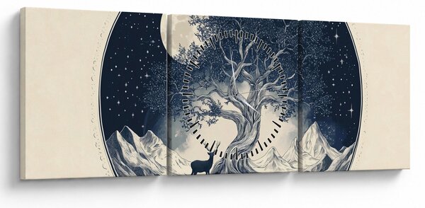Obraz – Magiczne drzewo z jeleniem I. (z zegarem) (90x30 cm)