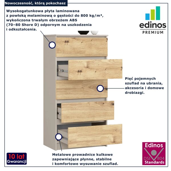Nowoczesna komoda z 5 szufladami dąb artisan + kaszmir - Verris 9X