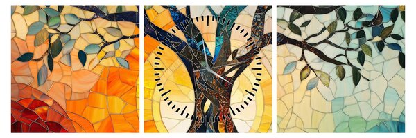 Obraz – Mozaika – słońce i drzewo I. (z zegarem) (90x30 cm)