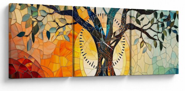 Obraz – Mozaika – słońce i drzewo I. (z zegarem) (90x30 cm)