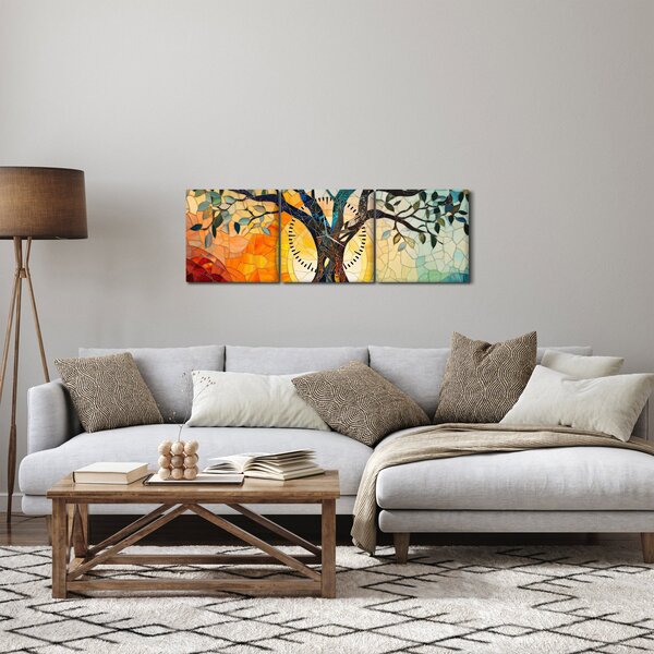 Obraz – Mozaika – słońce i drzewo I. (z zegarem) (90x30 cm)