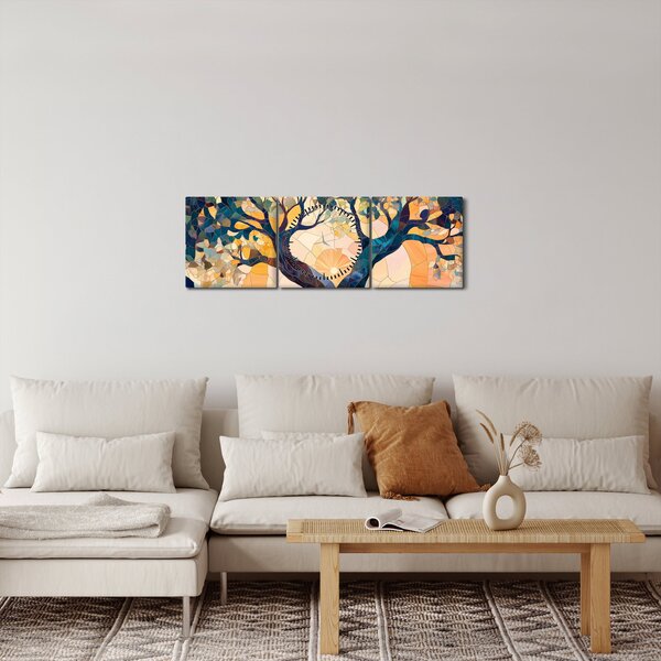Obraz – Mozaika – słońce i drzewo II. (z zegarem) (90x30 cm)